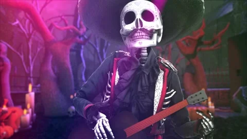 Seamless animation mariachi skeleton playing latin guitar in a mexican village Stock Footage 163708757