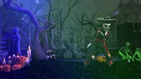 Seamless animation mariachi skeleton salsa dancing in a graveyard party. Funny Video stock 163708745