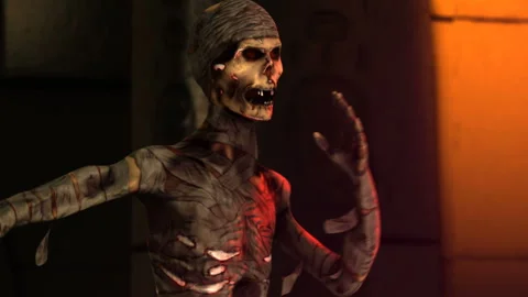 Seamless animation of a mummy dancing salsa in egyptian ruins with disco 스톡 동영상 250965469