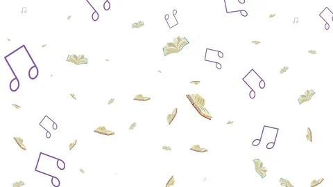 Seamless Animation Pattern of Flying Open Books and Musical Notes on White Stock Footage 346186041