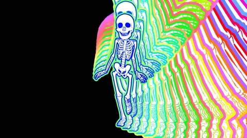 Seamless animation psychedelic walking skeleton painted style cartoon. Hypnotic Stock Footage 275597882