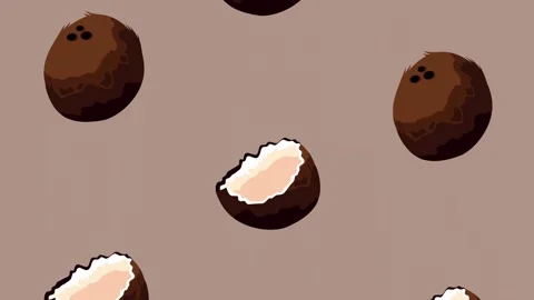 Seamless animation of rotating coconuts falling down on a pastel brown back.. 動画素材 338404126