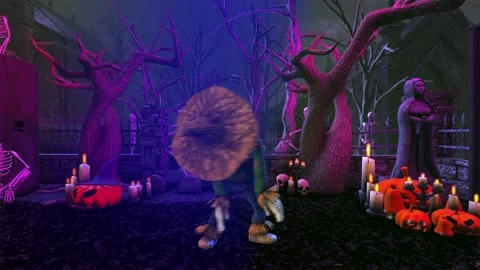 Seamless animation of a scarecrow robot dancing in a party in a graveyard. Funny Vidéo 138888902