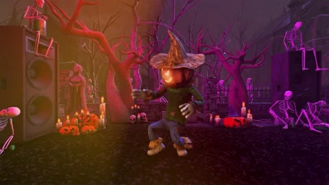 Seamless animation of a scarecrow silly dancing in a party in a graveyard. Funny 스톡 동영상 138880393