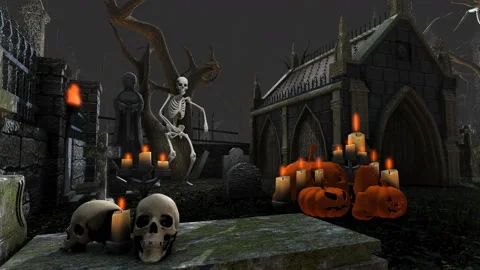 Seamless animation of skeleton dancing salsa in a cemetery at night. Funny Video stock 96683433