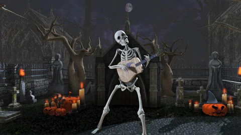 Seamless animation of a skeleton playing classic guitar in a cemetery at night. Видео 96839219