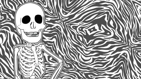 Seamless animation of a skeleton posing in printed drawn style cartoon isolated Stock Footage 132887823