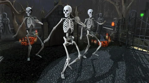 Seamless animation of skeletons dancing samba in a cemetery at night. Funny Video stock 96705987