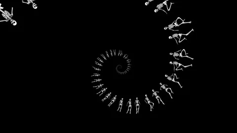 Seamless animation of swirl of psychedelic dancing skeletons printed drawn style Video stock 132883929