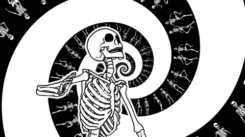 Seamless animation of swirl of psychedelic dancing skeletons printed drawn style Video stock 132886717