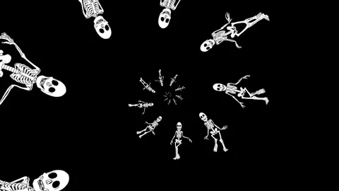 Seamless animation of swirl of psychedelic dancing skeletons printed drawn style Vidéo 132889190