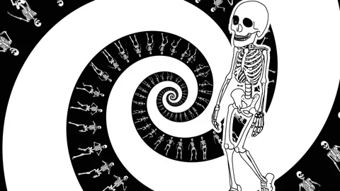 Seamless animation of swirl of psychedelic dancing skeletons and skeleton in Video stock 135646613