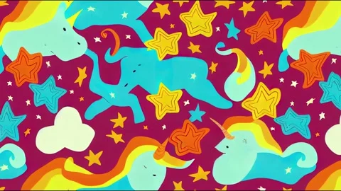 Seamless animation with unicorns in the Doodle style. Rainbows, Stock Footage 220120228