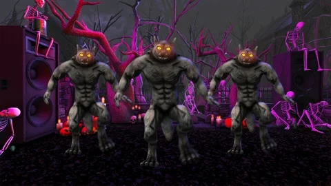 Seamless animation of a werewolf dancing swing in a party in a graveyard. Funny Video stock 140743613