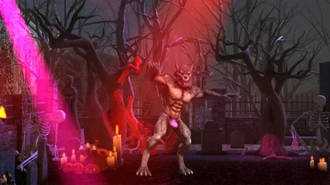 Seamless animation of a werewolf with thong dancing swing in a graveyard party. Video stock 219768978