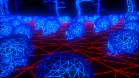Seamless animation wireframe lowpoly cemetery with trees, tomb stones, skulls Stock Footage 183978735