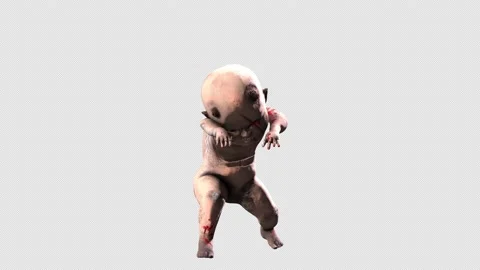 Seamless animation of a zombie devil baby doll walking isolated with alpha Video stock 161783628