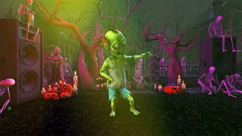Seamless animation of a zombie silly dancing in a party at a graveyard with 動画素材 138346669