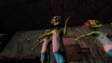 Seamless animation of zombies dancing in haunted house with camera jumps from Vidéo 161213633