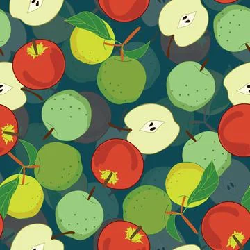 Seamless apple fruit pattern on blue background Stock Illustration