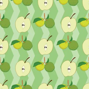 Seamless apple pattern on green chevron background Stock Illustration