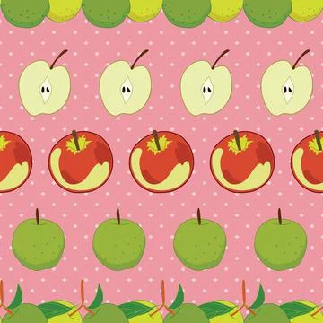 Seamless apple pattern on pink polka dots background Stock Illustration