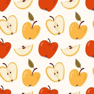 Seamless Apple Pattern with Red and Yellow Apples Slices and Leaves Stock Illustration