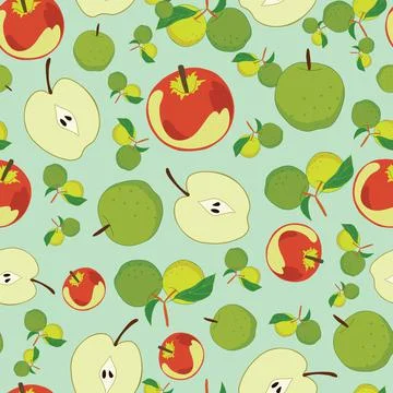 Seamless apples pattern on green background design Stock Illustration
