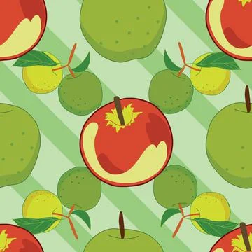 Seamless apples pattern on green stripes background Stock Illustration