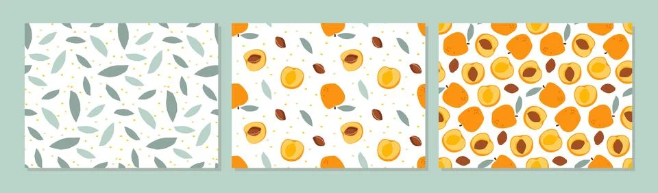 Seamless apricot pattern set. Three patterns collection. Fresh fruits, leaves Stock Illustration