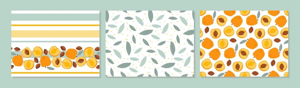 Seamless apricot pattern set. Three patterns collection. Fresh, tropical fruits Stock Illustration