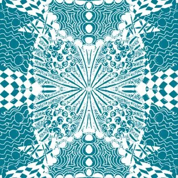 Seamless aqua tile with lacy patterns. Hand drawing in the style of sentangle Stock Illustration