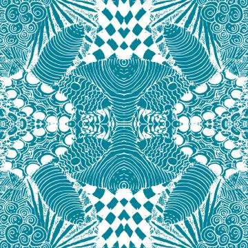 Seamless aqua tile with lacy patterns. Hand drawing in the style of sentangle Stock Illustration