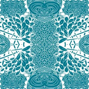 Seamless aqua tile with lacy patterns. Hand drawing in the style of sentangle Stock Illustration