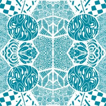 Seamless aqua tile with lacy patterns. Hand drawing in the style of sentangle Stock Illustration