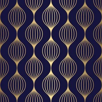 Seamless art deco pattern with gold bauble on blue background. Stock Illustration