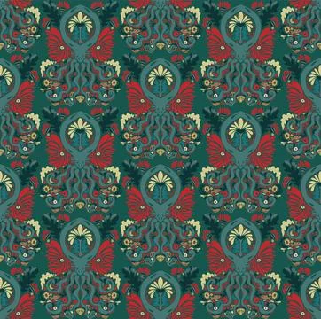 A seamless Art Nouveau pattern with damask elements. A whimsical, symmetrical Stock Illustration