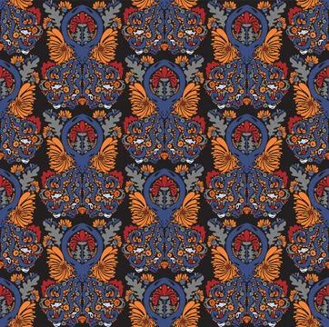 A seamless Art Nouveau pattern with damask elements. A whimsical, symmetrical Stock Illustration