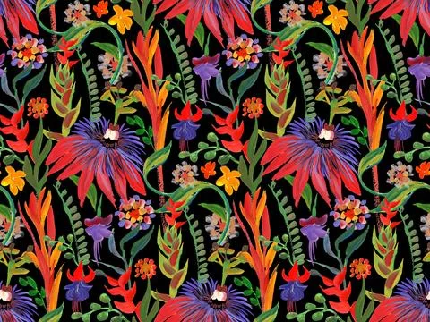 Seamless art pattern with bright tropics in red flowers painted with gouache in Stock Illustration