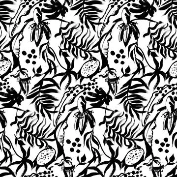 Seamless artistic monochrome pattern with tropical silhouettes of leaves and Stock Illustration