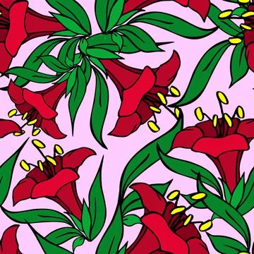 Seamless asymmetric graphic pattern of red flowers on a pink background Stock Illustration