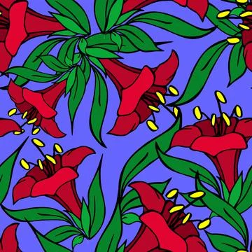 Seamless asymmetric graphic pattern of red flowers on a blue background Stock Illustration