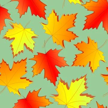 Seamless asymmetric pattern of autumn maple leaves on a green background Stock Illustration