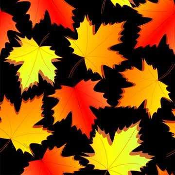 Seamless asymmetric pattern of autumn maple leaves on a black background Stock Illustration