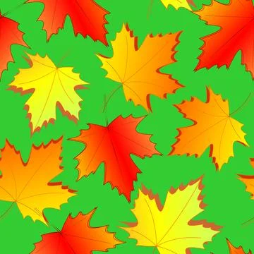Seamless asymmetric pattern of autumn maple leaves on a green background Stock Illustration