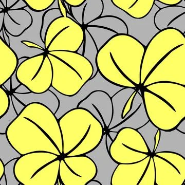 Seamless asymmetric pattern of clover leaves in yellow-gray tones and black.. Stock Illustration