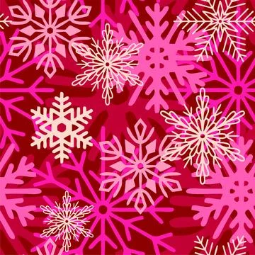 Seamless asymmetric pattern of colorful snowflakes on a pink background Stock Illustration