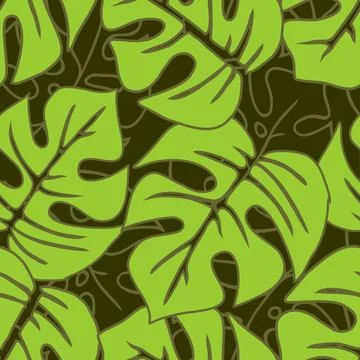 Seamless asymmetric pattern of green tropical leaves on a dark green Stock Illustration