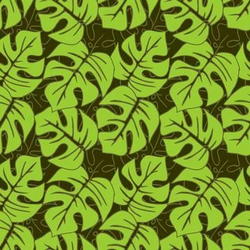 Seamless asymmetric pattern of green tropical leaves on a dark green backgr.. Stock Illustration