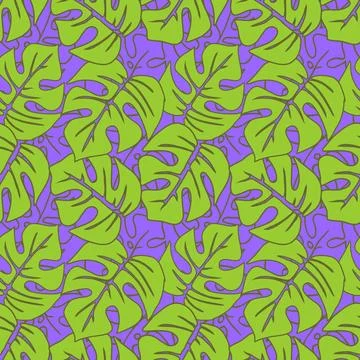 Seamless asymmetric pattern of green tropical leaves on a blue background, .. Stock Illustration